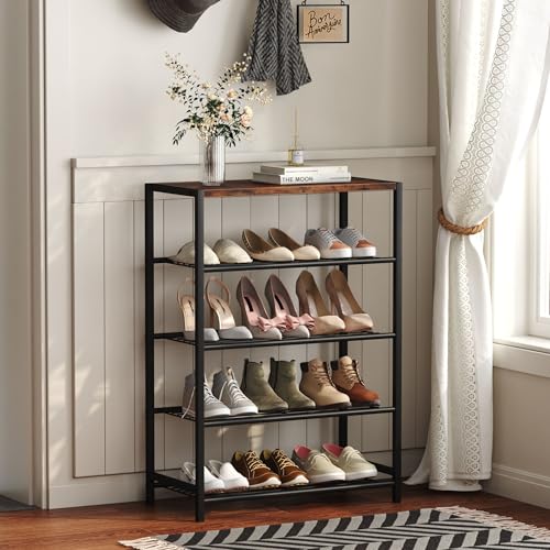 Shoe Rack Organizer, 5 Tier Industrial Shoe Storage Shelf, Narrow Sturdy Metal Shoe Shelves for Closet Entryway, Rustic Brown