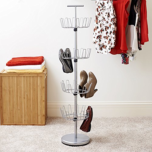 4-Tier Revolving Shoe Tree, Heavy-Duty Steel with Stabilized Base, Holds 24 Pairs of Shoes, Great for Most Styles, Chromelike