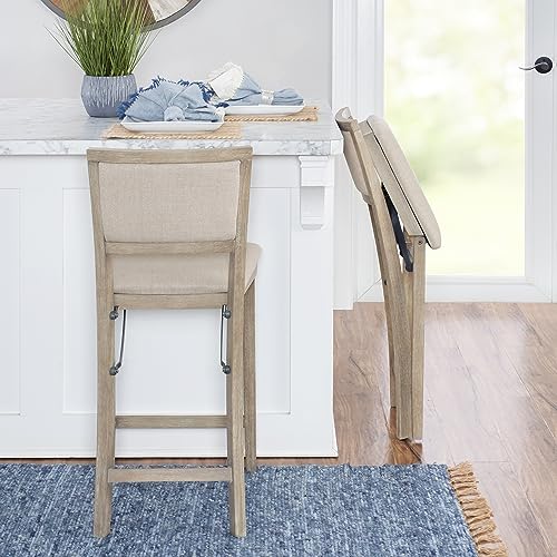 Keira Natural Rustic Wooden Folding Counter Stool with Beige Upholstered Seat and Back
