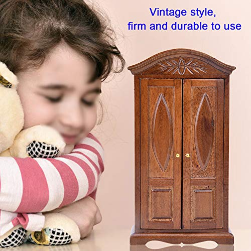 Dollhouse Wooden Wardrobe, 1:12 Scale Mini Vintage Wooden Double Door Closet Wardrobe Dolls House Accessory Dollhouse