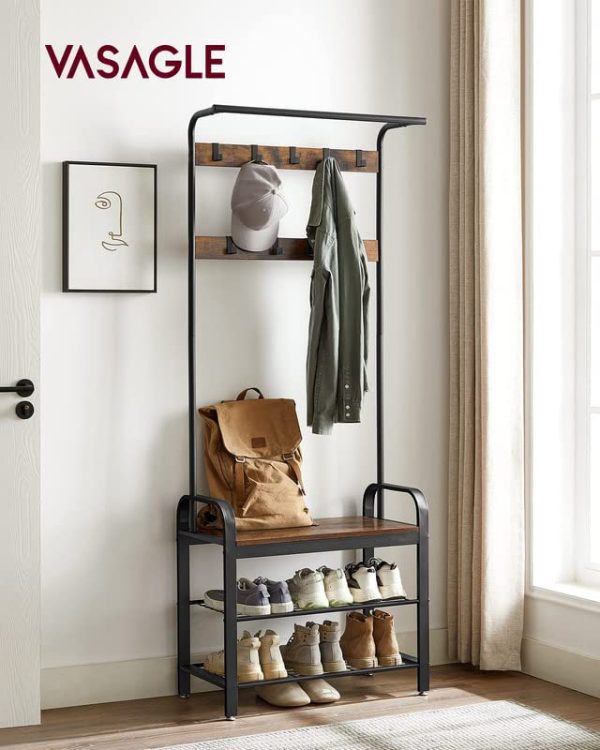 Coat Rack, Hall Tree with Shoe Bench for Entryway, Entryway Bench with Coat Rack, 4-in-1, with 9 Removable Hooks, a Hanging Rod,