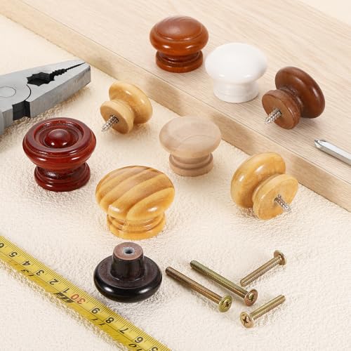 5Pcs Round Wood Drawer Knob, 1.3" x 0.98" Round Cabinet Knobs Mushroom Shape Wooden Knobs with Screws for Furniture Drawer