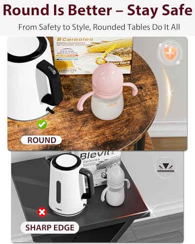 Small Round End Table - 3 Tier Design Accent Table, Narrow Side or Bedside Stand, Industrial Vintage Nightstand for Bedroom,