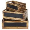 Rustic Burnt Wood Nesting Storage Bins with Chalkboard Panel and Cutout Handles, Decorative Farmhouse Wooden Stackable Open Top