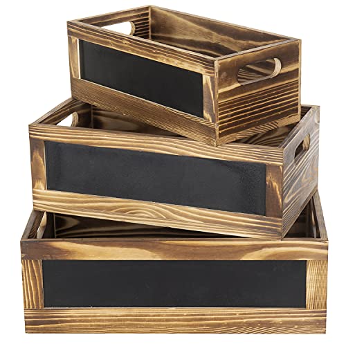 Rustic Burnt Wood Nesting Storage Bins with Chalkboard Panel and Cutout Handles, Decorative Farmhouse Wooden Stackable Open Top
