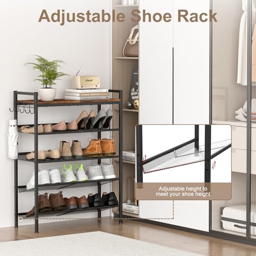Shoe Rack for Front Door Entrance, 5 Tier Height-Adjustable Metal Shoe Rack, Sturdy Wooden Top and Tiltable Steel Frame Heavy