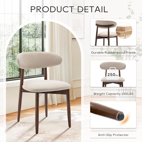Wooden Dining Chairs Set of 2, Modern Fabric Upholstered Kitchen Side Chairs, Farmhouse Dining Room Chair with Foot Pegs, Beige
