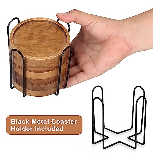 6 Pcs Best Wooden Coasters with Holder Coffee Table Decor Acacia Wood Coaster Set Modern Cup Coaster for Drink Home Dining Table