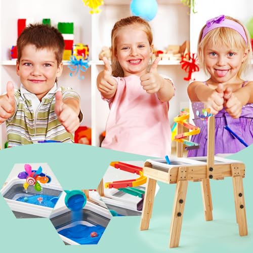 Sand and Water Table for Toddlers Ages 3+, Kids Wooden Sensory Activity Table with 2 Collapsible Storage Bins, Acrylic Painting