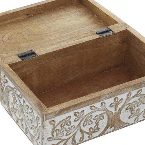 Mango Wood Floral Decorative Box Decorative Keepsake Boxes with Hinged Lid, Set of 3 Storage Boxes 8", 10", 12"W, Brown