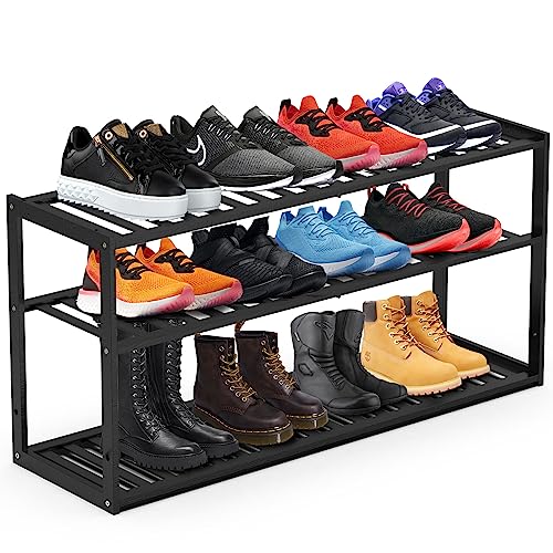 Bamboo Shoe Rack for Closet, Stackable 3 Tier Longer Shoe Organizer Shelf Holder Storage 12-15 Pairs for Entryway Door Hallway