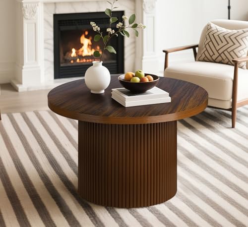 Round 31.5“ Unique Fluted Coffee Table,Small Brown Wood Tea Table,Mid Century Modern Boho Circle Rustic Center Table for Living