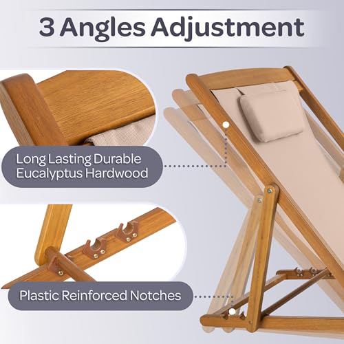 Beach Lounge Chair - Adjustable Height Reclining Sling Chair - Portable Wood Folding Chairs - Folding Lounge Chairs for Outside,