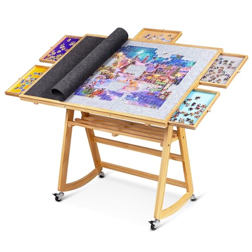 1500 Piece Tilting Puzzle Table with 5 Colored Drawers & Cover, Adjustable Jigsaw Puzzle Board with Storage, Portable Wooden