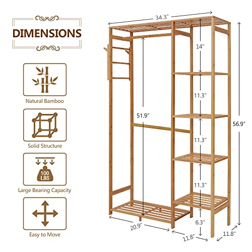Bamboo Garment Rack 6 Tier Storage Shelves Clothes Hanging Stand with Side Hooks, Heavy Duty Clothing Rack Portable Wardrobe