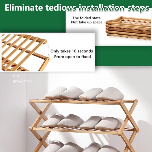 4 Tier Bamboo Shoe Rack,Portable Folding Shoe Storage Rack,Without Installation Small Shoe Rack Perfect for Corridors, Bedrooms