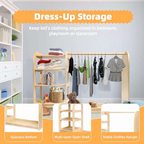 Kids' Dress Up Storage Closet with Mirror, 31.5 Inch Kids Wardrobe Closet with Shelves for Girls and Boys, Wooden Costume