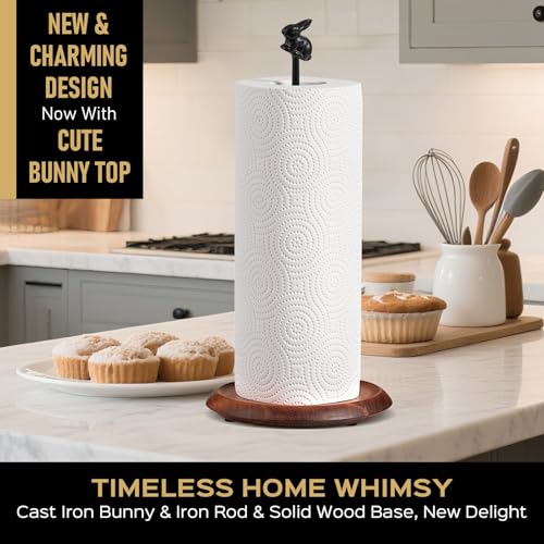 Paper Towel Holder Countertop, Cute Bunny Design - Natural Solid Wood Base with Iron Rod, Wooden Paper Towel Holder countertop