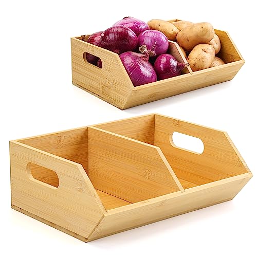 2 Set Bamboo Storage Bins, Pantry Organizers and Storage, Kitchen Countertop Organization and Storage Basket for Produce,