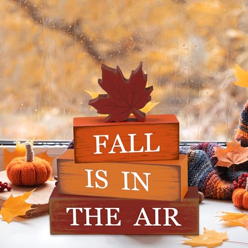 4 PCS Fall Maple Leaf Wooden Table Block Sign Thanksgiving Wood Tiered Tray Decor Fall is in the Air Block Centerpiece Rustic