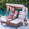 Wooden Outdoor Double Chaise Lounge with Cup Holders, Patio Furniture for Kids or Pets, Espresso with Oatmeal and White Striped