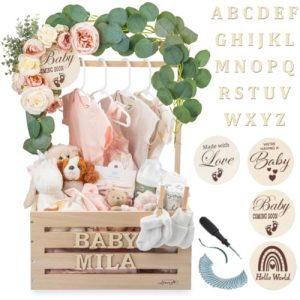 Wooden Baby Shower Crate Closet - Customizable Wooden Crate Box with Dual Rod System, Personalized Baby Shower Basket Alphabet