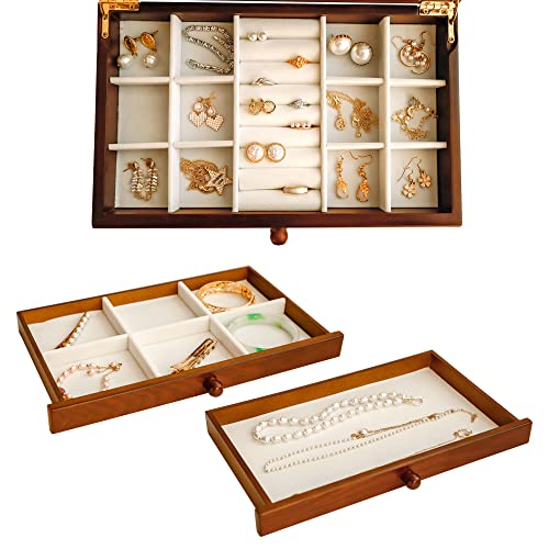 Wooden Jewelry Box, 3 Layer Jewelry Box for Women, Jewelry Holder Organizer, Wood Jewelry Storage Case for Necklaces, Earring,