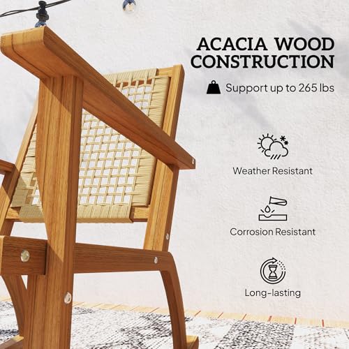 Outdoor Rocking Chair Set of 2, Acacia Wood Outdoor Rockers with Armrests, Rattan Wicker Back and Seat, Patio Wooden Rocking