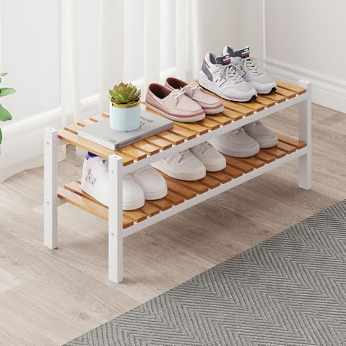 Bamboo Shoe Rack Organizer for Closet and Entryway-Space-Saving Narrow Shoe Stand-Versatile Shoe Holder for Door or Closet