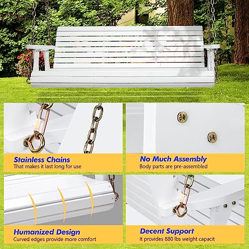 Upgraded Patio Wooden Porch Swing for Courtyard & Garden, Heavy Duty 880 LBS Swing Chair Bench with Hanging Chains for Outdoors