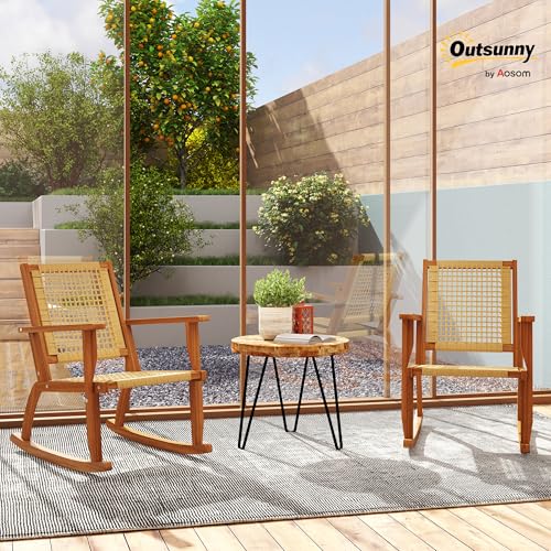 Outdoor Rocking Chair Set of 2, Acacia Wood Outdoor Rockers with Armrests, Rattan Wicker Back and Seat, Patio Wooden Rocking