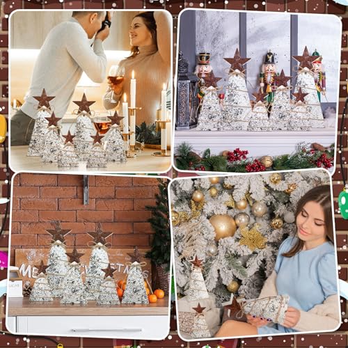 6 Pcs Wooden Christmas Tree Tabletop Decoration Christmas Trees Table Centerpieces Rustic Tiered Tray Decor with Iron Star Hemp